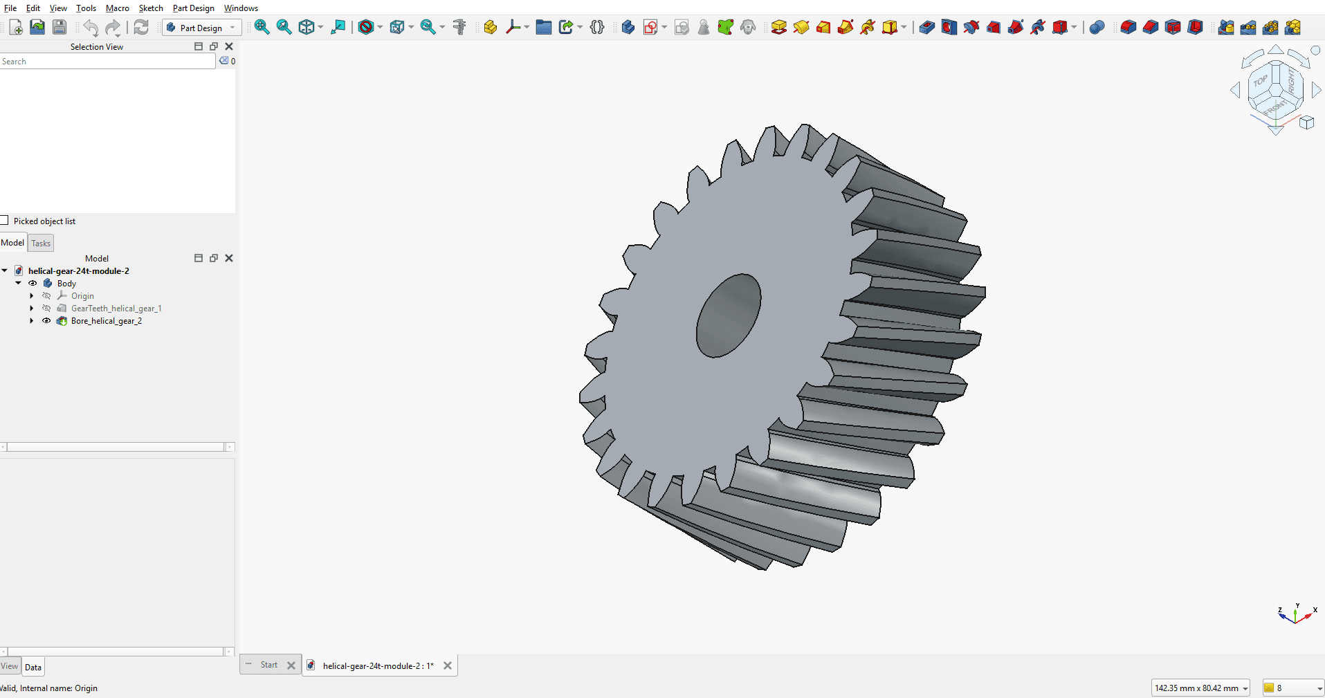 Helical gear, 24 teeth, module 2, left hand open in FreeCAD, showing the feature tree and model