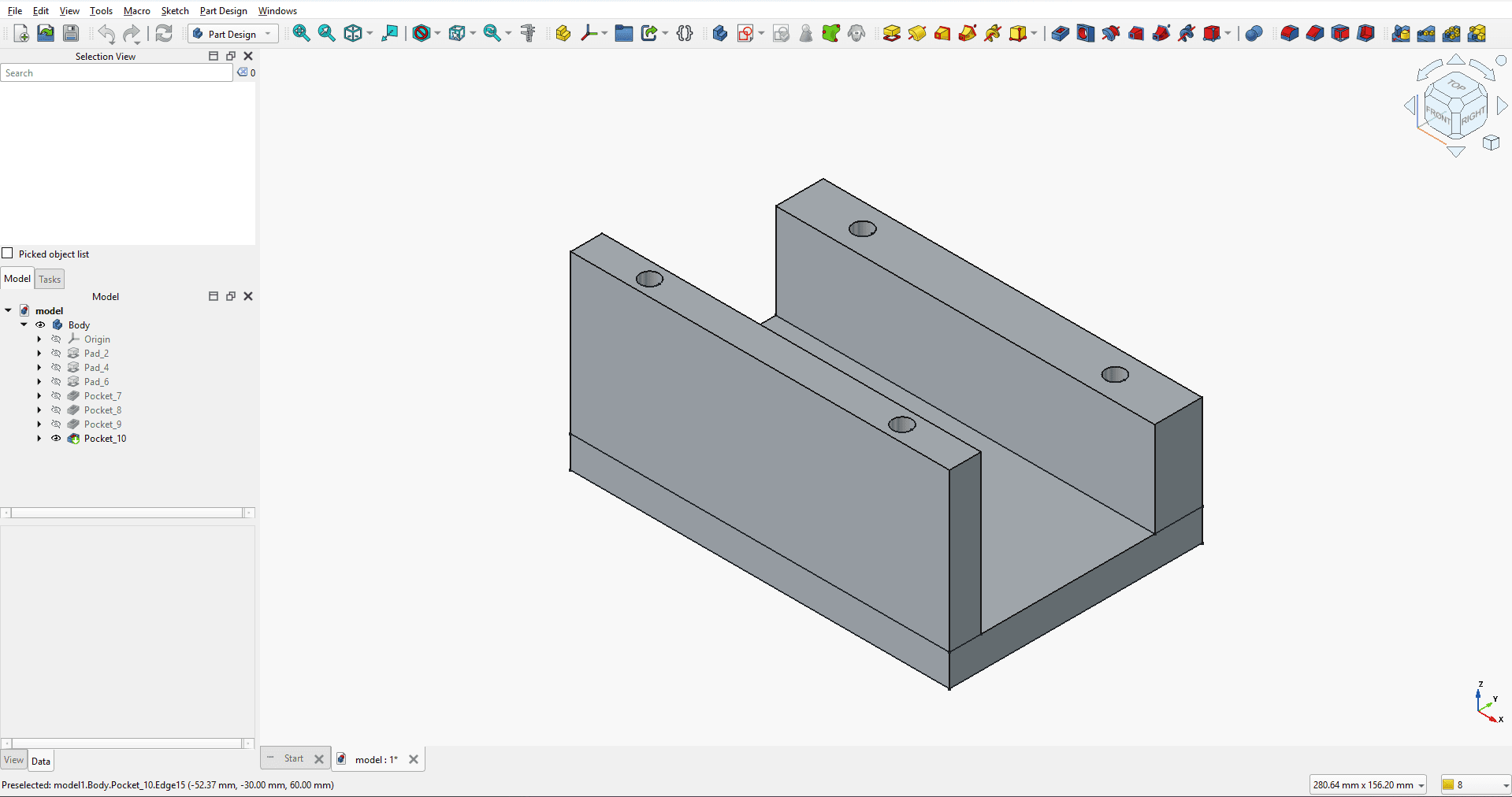 Motor mounting bracket feature tree in FreeCAD