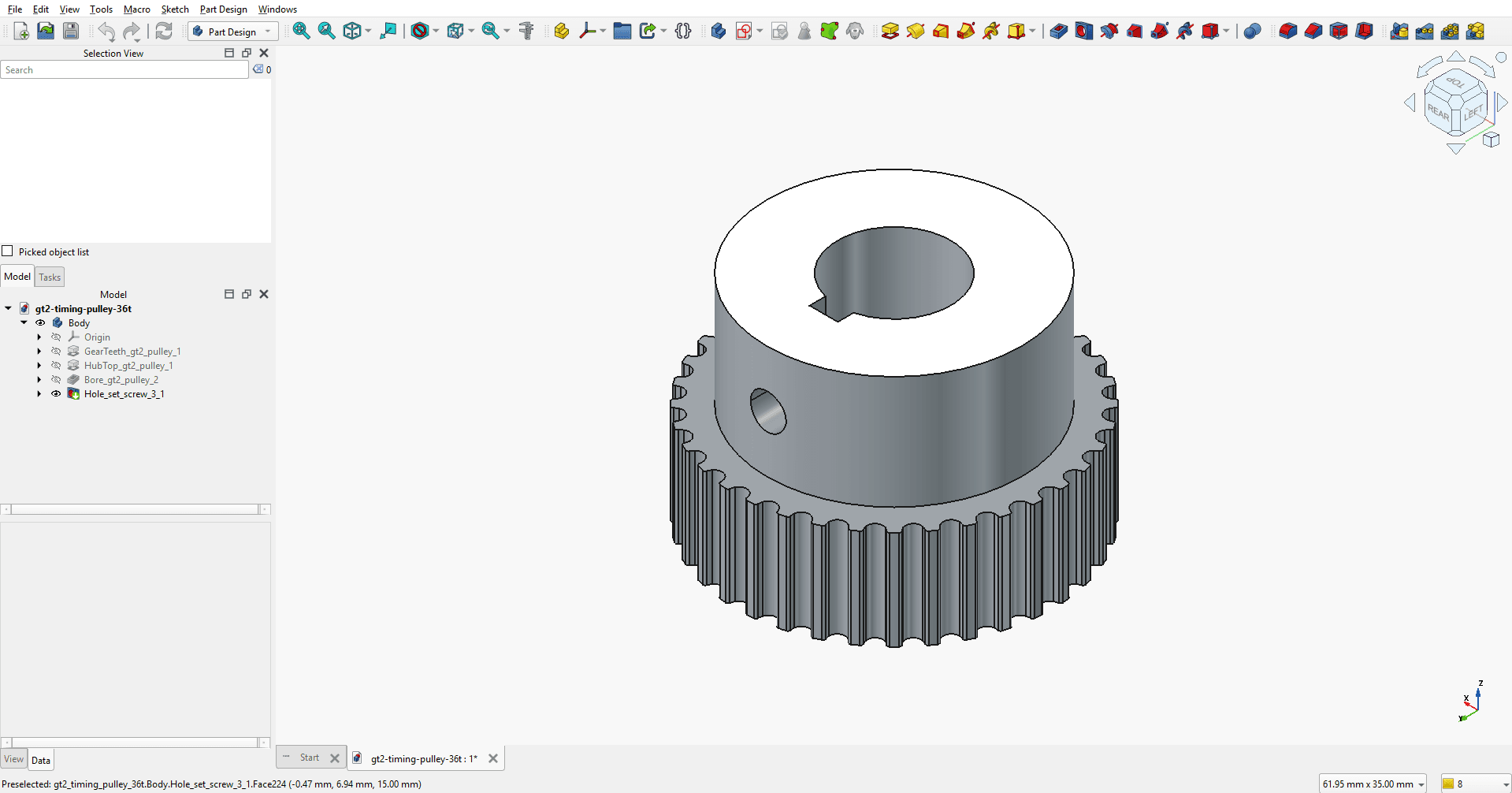GT2 timing pulley, 36 teeth, with hub set screw open in FreeCAD, showing the feature tree and model