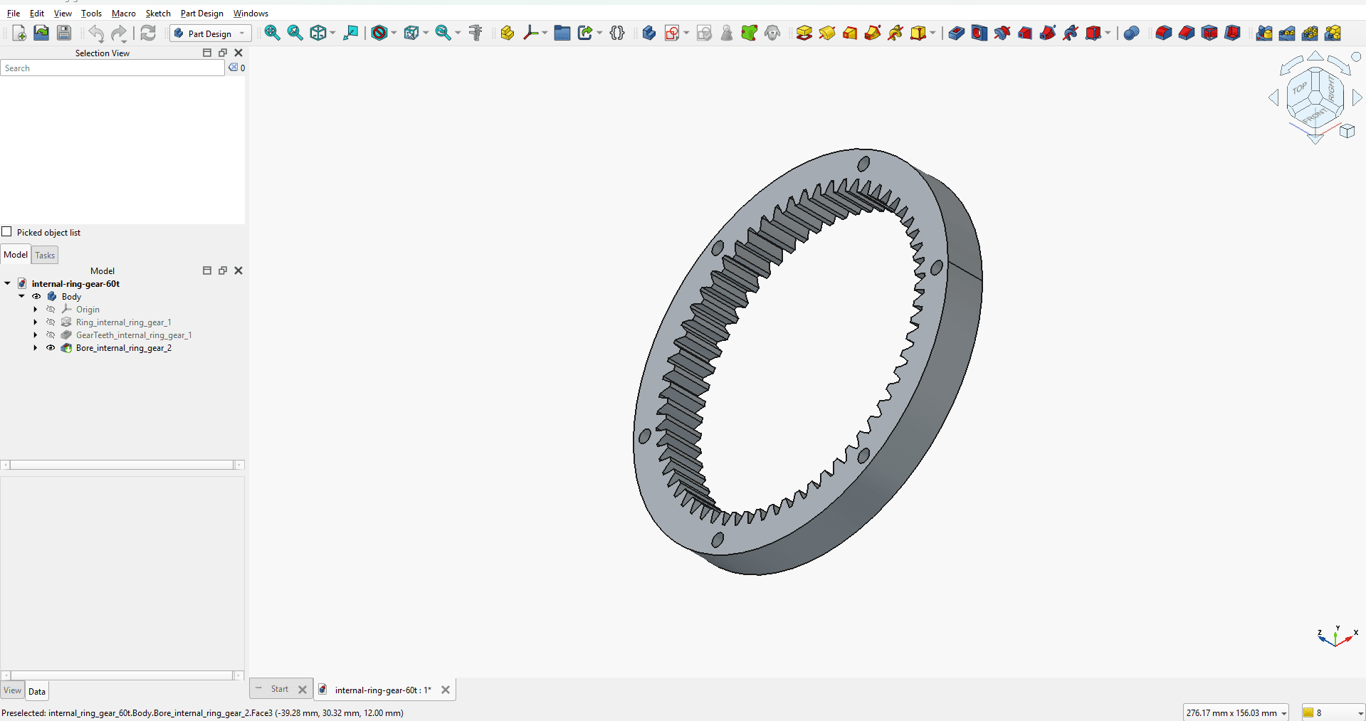 Internal ring gear, 60 teeth, with mounting holes open in FreeCAD, showing the feature tree and model