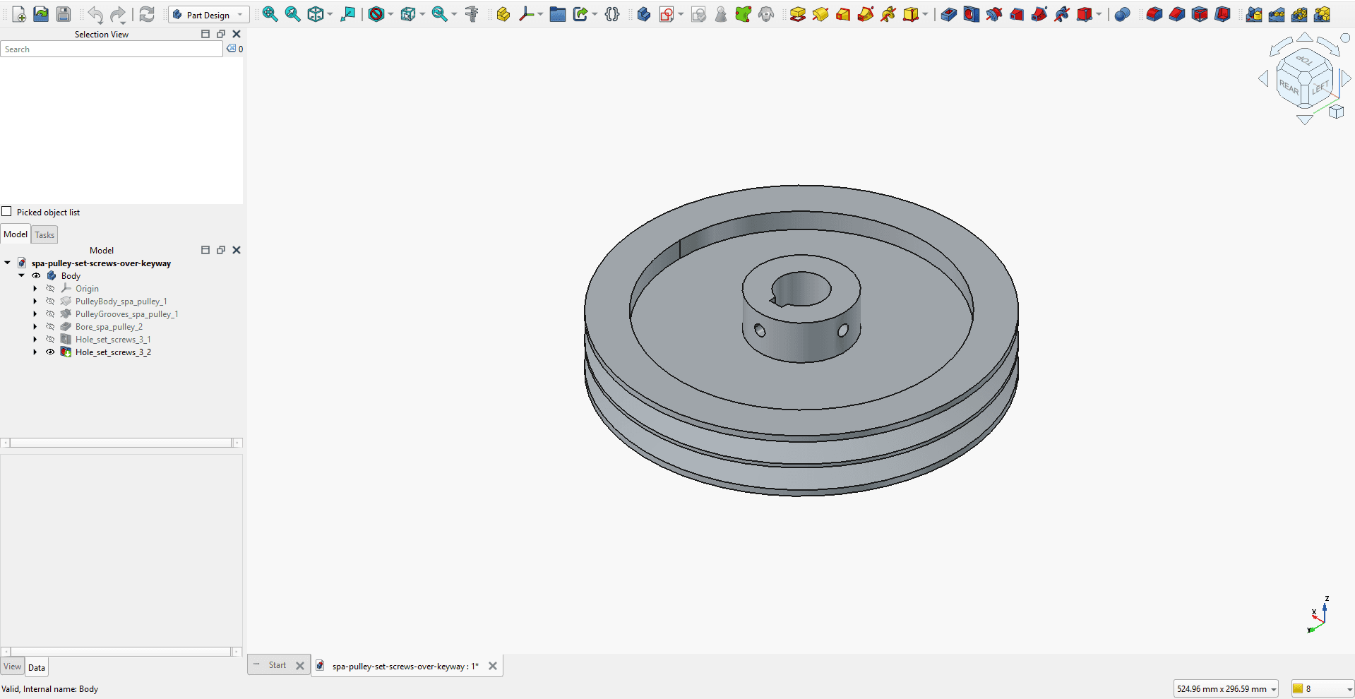 2-groove SPA V-belt pulley with set screws open in FreeCAD, showing the feature tree and model