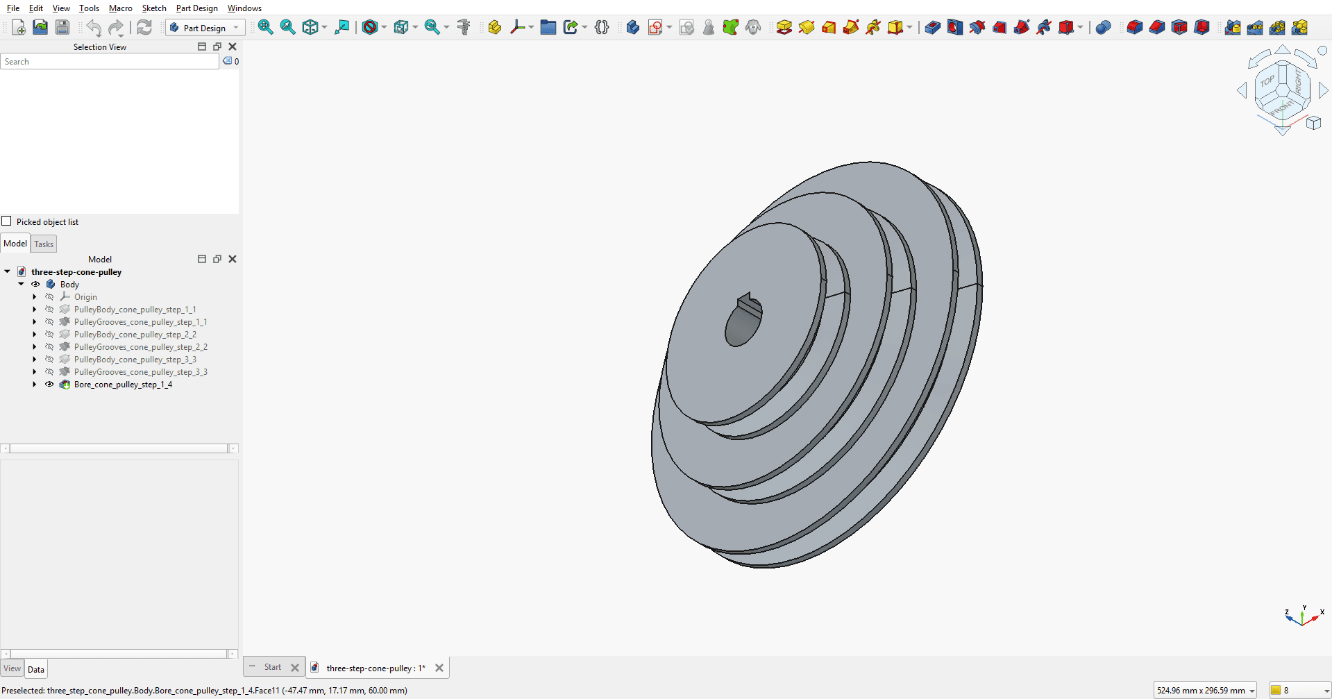 Three-step cone pulley open in FreeCAD, showing the feature tree and model
